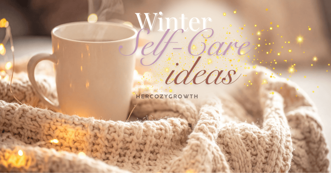 Cozy winter morning scene with warm blankets and a hot drink – hygge-inspired winter self-care atmosphere.