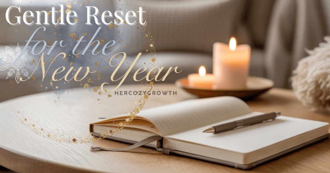 Cozy new year reset routine with journal, candle and warm lighting.