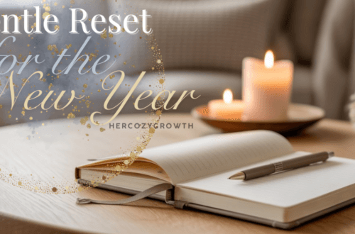 Cozy new year reset routine with journal, candle and warm lighting.
