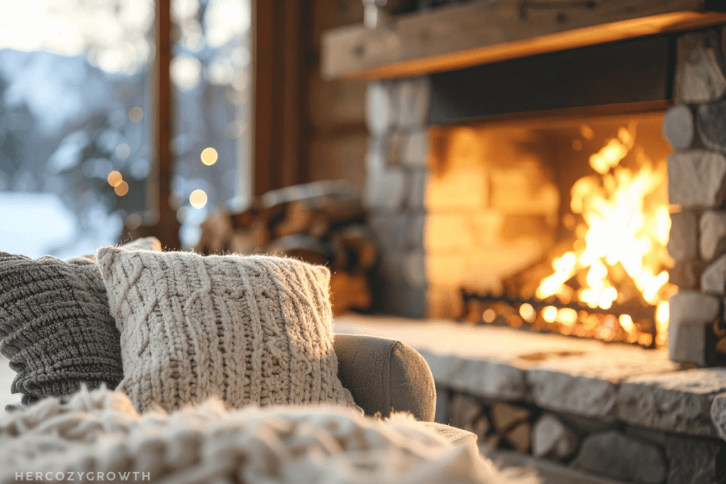 Cozy winter living room with soft lighting and blankets for stress-relieving self-care.
