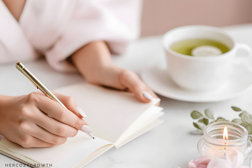 Woman journaling with a warm drink as part of a winter self-care routine.