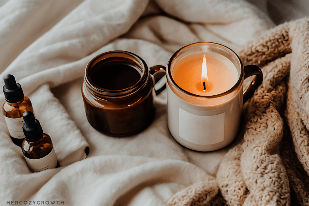 Winter aromatherapy setup with candles and diffuser creating a calming atmosphere.