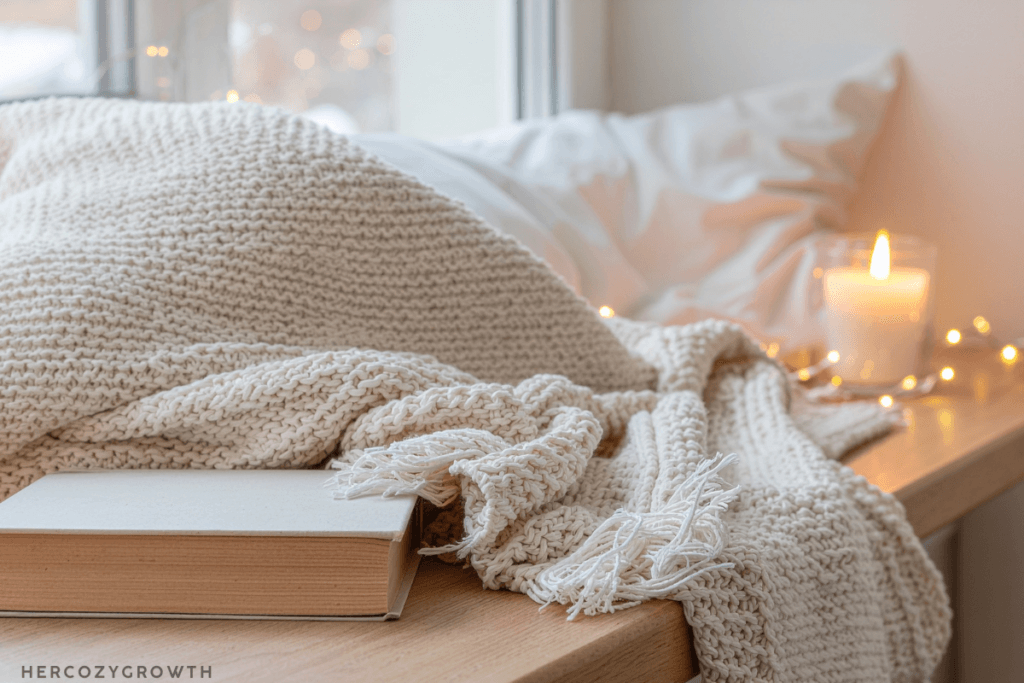 Soft winter morning corner with a blanket and book, perfect for slow self-care routines.