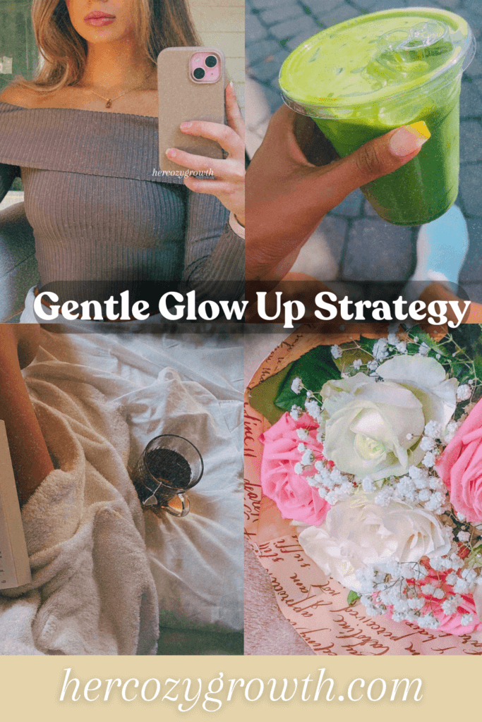 Gentle glow up mindset with a selfie, a green smoothie and reading as part of a calm personal growth routine.