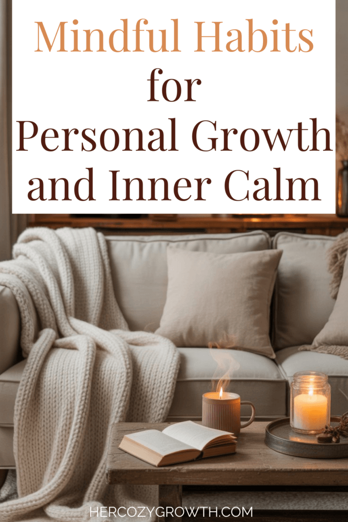 Pinterest graphic about mindful habits for personal growth with cozy lifestyle elements and calming design.