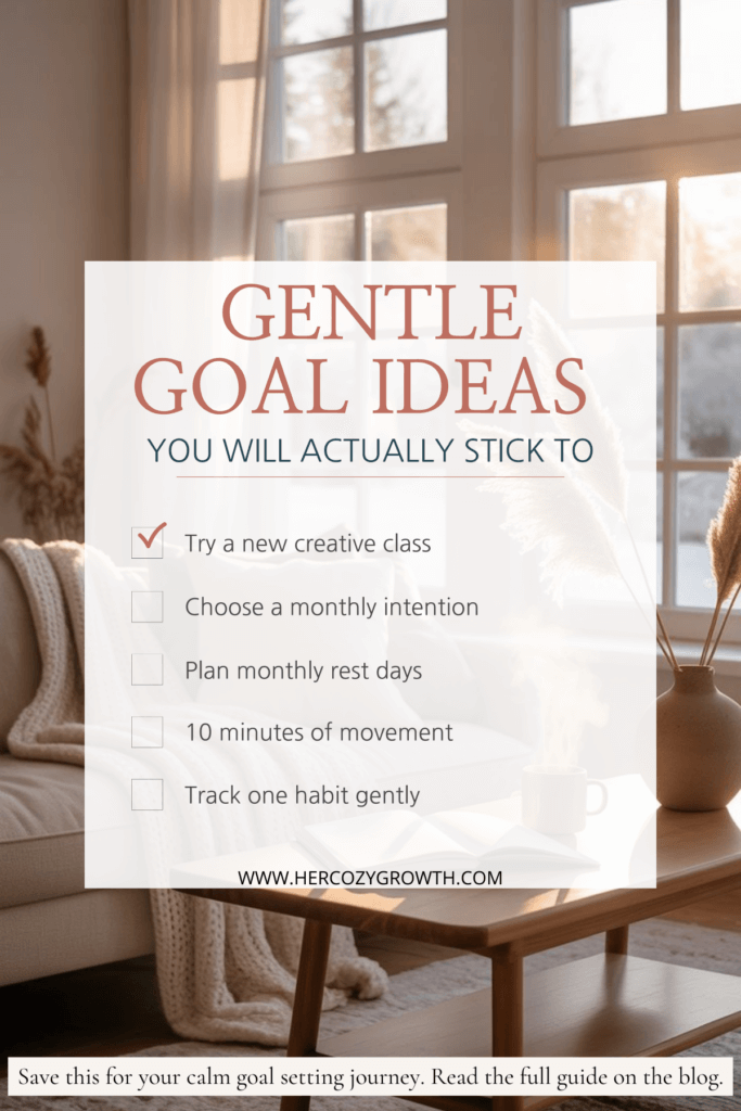Cozy Pinterest pin featuring gentle goal ideas you can actually stick to, focused on mindful goal setting, intentional habits, and calm routines for women.