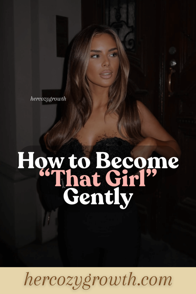 Young woman with long hair in a chic black outfit stands confidently in dim lighting, symbolizing a gentle glow up focused on peace, balance and personal growth.