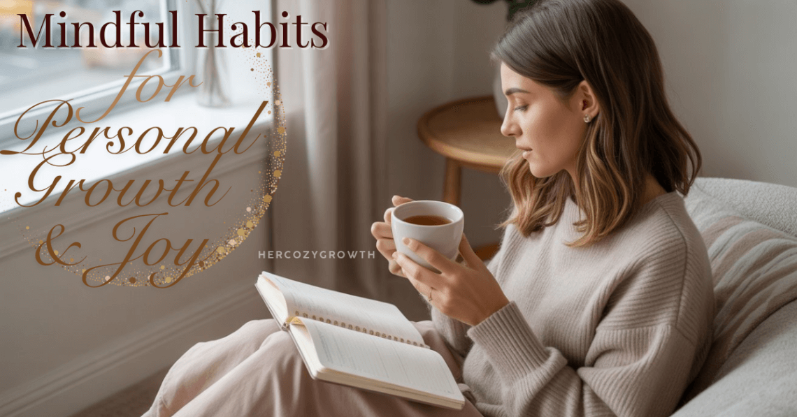 Woman enjoying a calm morning routine with tea and journal, representing mindful habits for personal growth and inner joy.