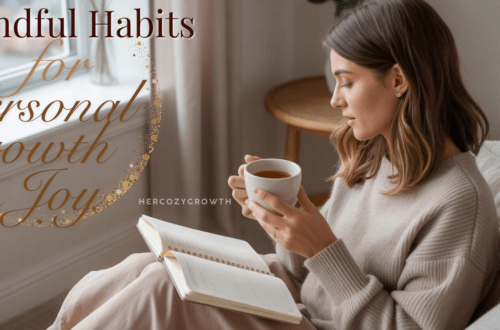 Woman enjoying a calm morning routine with tea and journal, representing mindful habits for personal growth and inner joy.