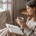 Woman enjoying a calm morning routine with tea and journal, representing mindful habits for personal growth and inner joy.