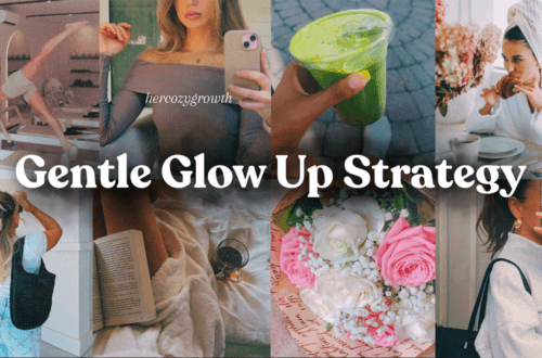 Collage with a woman stretching, a selfie, green smoothie, reading, flowers, representing a gentle glow up strategy and intentional self-care lifestyle.