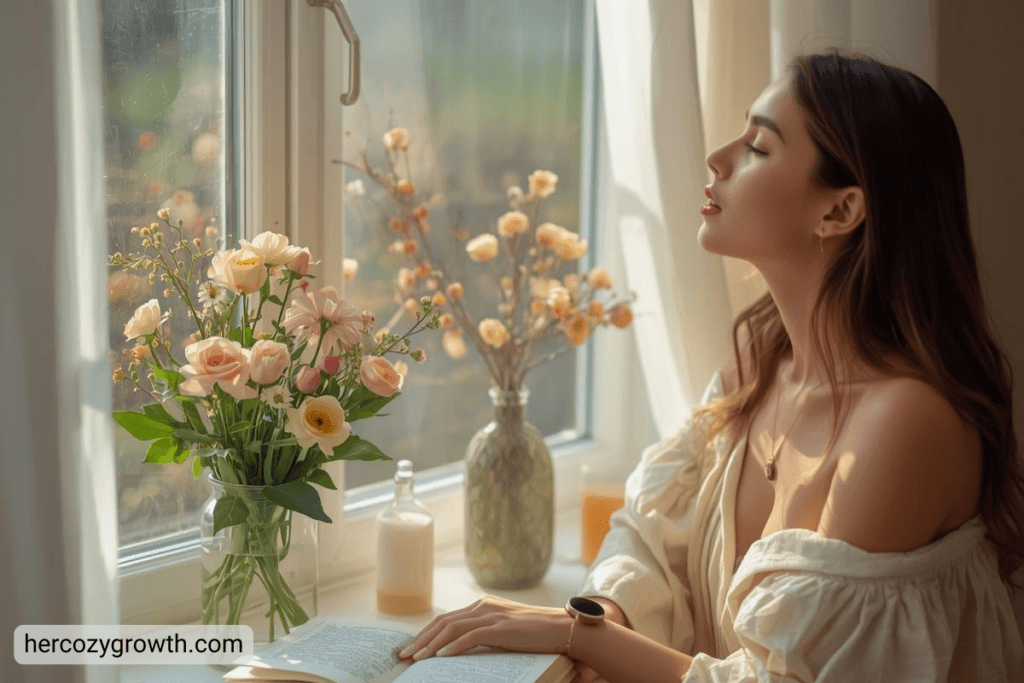 cozy spring morning routine woman journaling by window with flowers