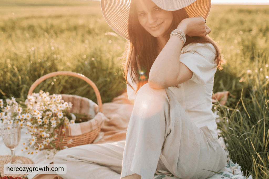 woman romanticizing spring outside with picnic