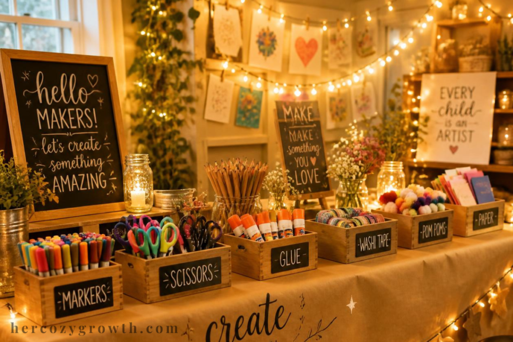 winter craft night ideas table setup supplies fairy lights