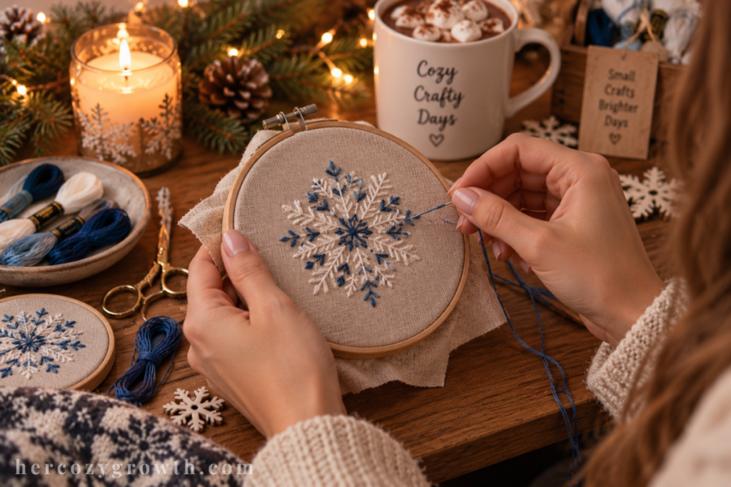 winter craft night ideas embroidery hoop cozy slow craft