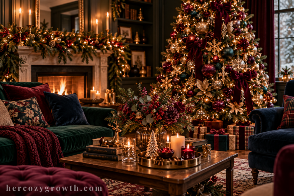 christmas decorating trends moody jewel tones old money burgundy