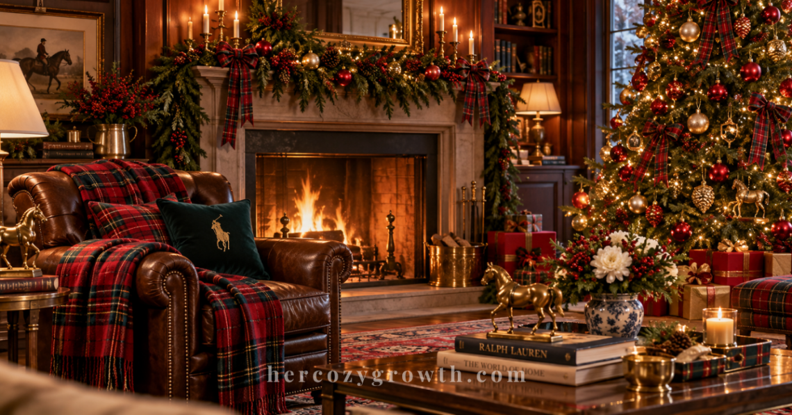 Ralph Lauren Christmas inspired living room with classic tree and fireplace