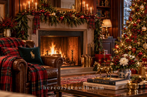 Ralph Lauren Christmas inspired living room with classic tree and fireplace