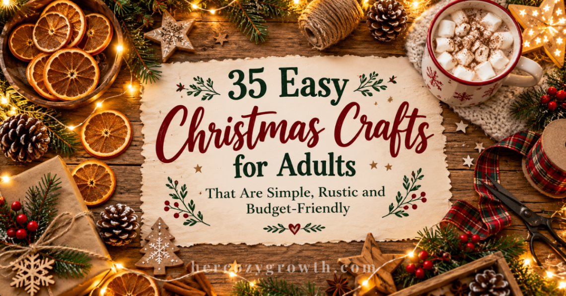 Easy christmas crafts for adults on a cozy table with natural supplies