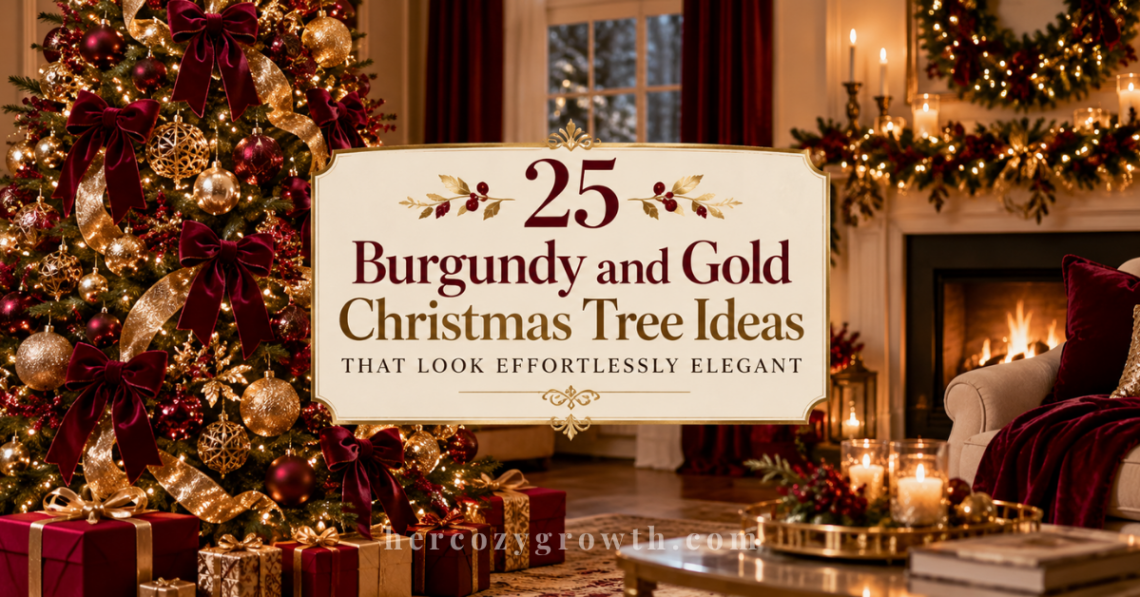 Burgundy christmas tree ideas in an elegant living room with gold accents