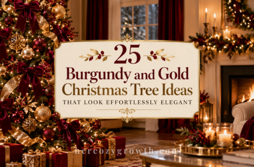 Burgundy christmas tree ideas in an elegant living room with gold accents