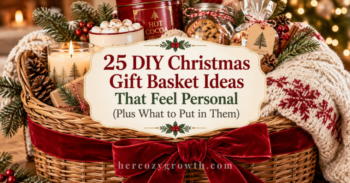 DIY christmas gift basket with candles, cocoa and a cozy blanket