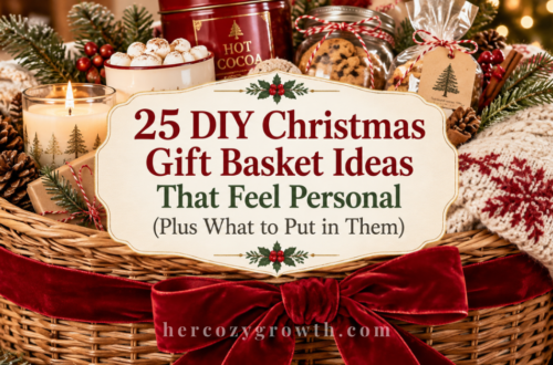 DIY christmas gift basket with candles, cocoa and a cozy blanket