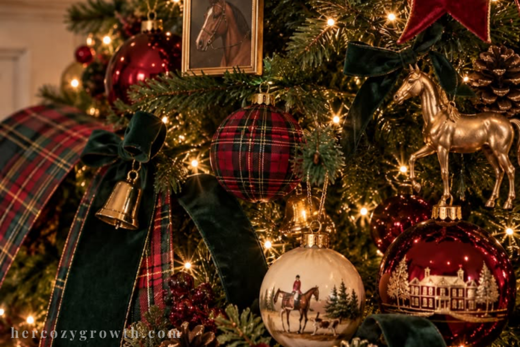 Ralph Lauren Christmas color palette with red tartan ribbon and velvet bow