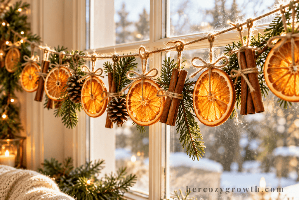 Rustic christmas crafts with a dried orange garland and cinnamon sticks