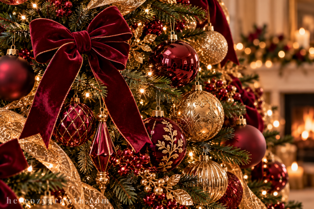 Burgundy and gold christmas ornaments close up with velvet bow