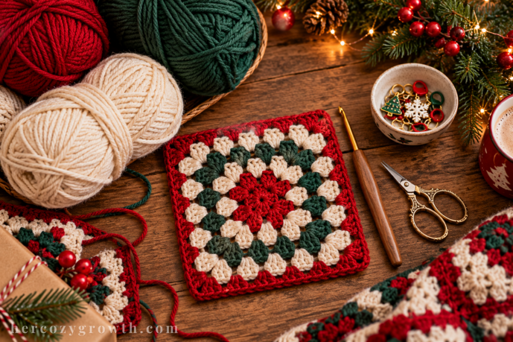 Christmas granny square crochet supplies with red and green yarn