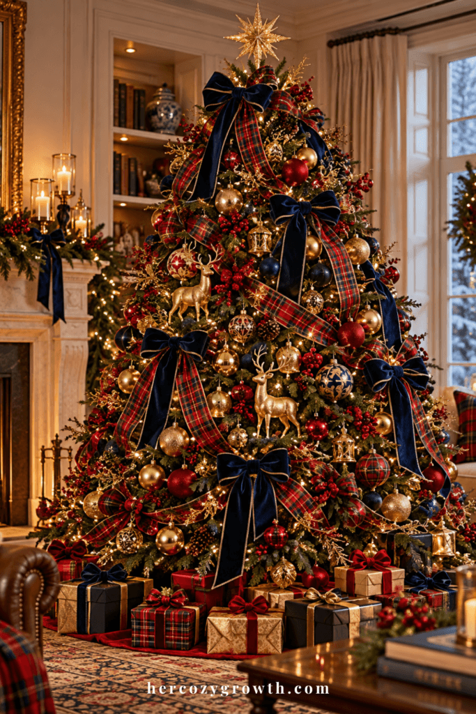 Plaid christmas tree with tartan ribbon and velvet bows