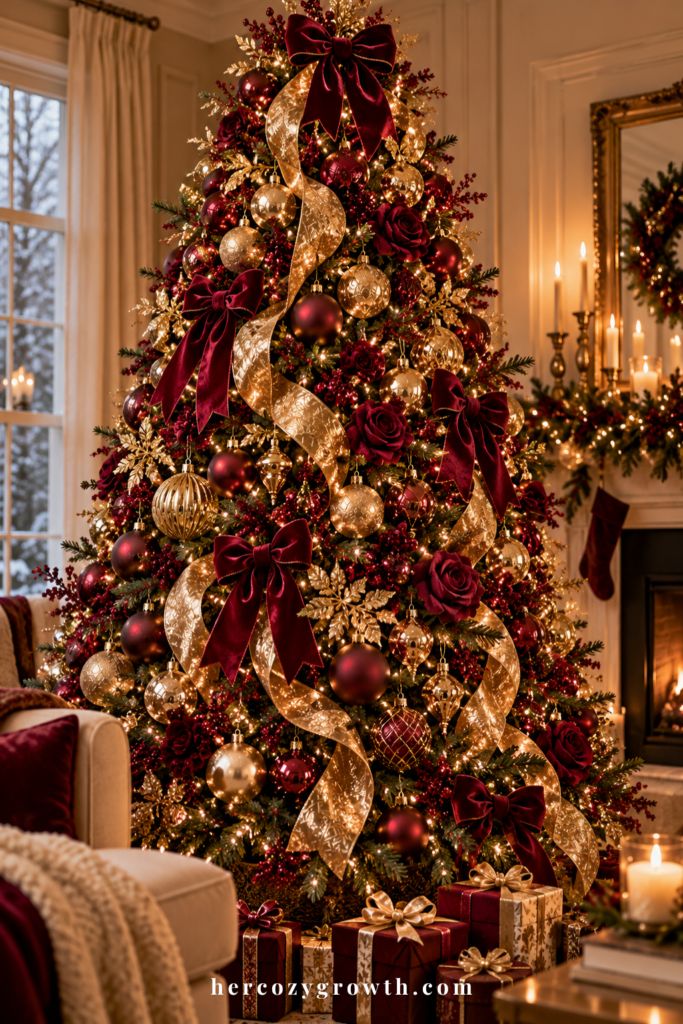 Burgundy and gold christmas tree with ribbon cascades and roses