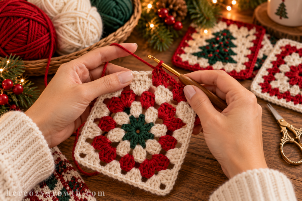 Christmas granny square pattern in progress with red and white yarn