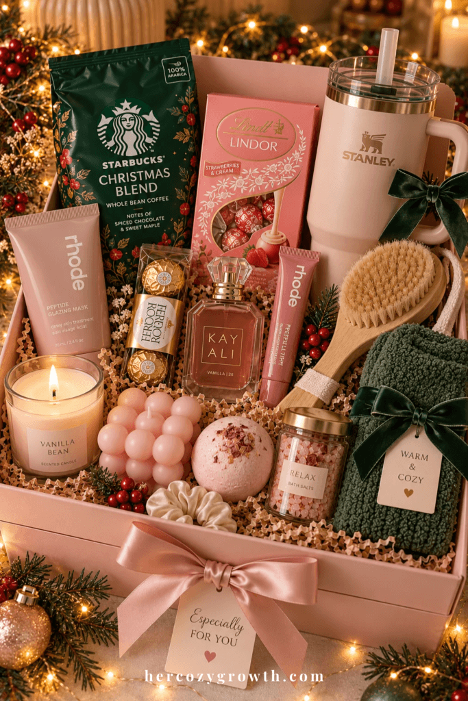 Christmas gift basket for women with spa and self-care items