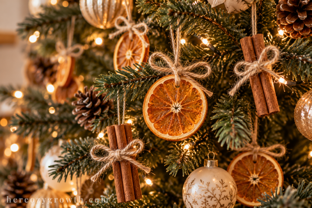 Natural christmas tree ideas with dried orange slices and cinnamon