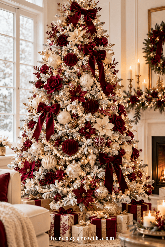 Burgundy christmas decor on a flocked tree with cream ornaments