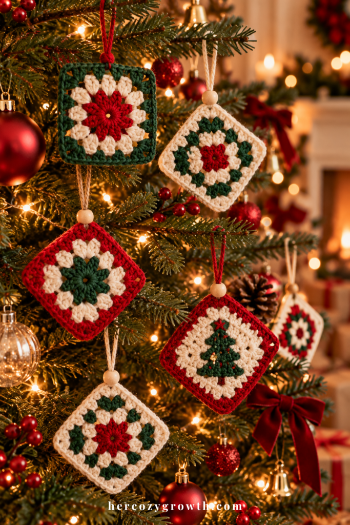 Granny square christmas ornaments hanging on a tree
