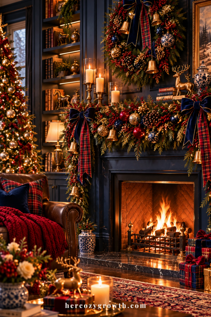Traditional christmas decor ideas for the mantel with garland and stockings