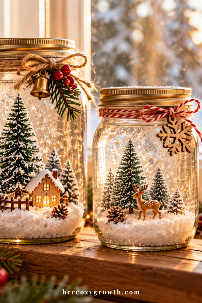 Simple diy christmas decorations with mason jar snow globes