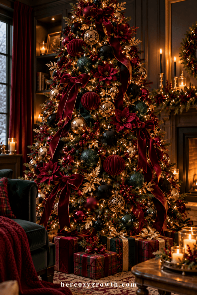 Wine colored christmas tree with burgundy and emerald jewel tones