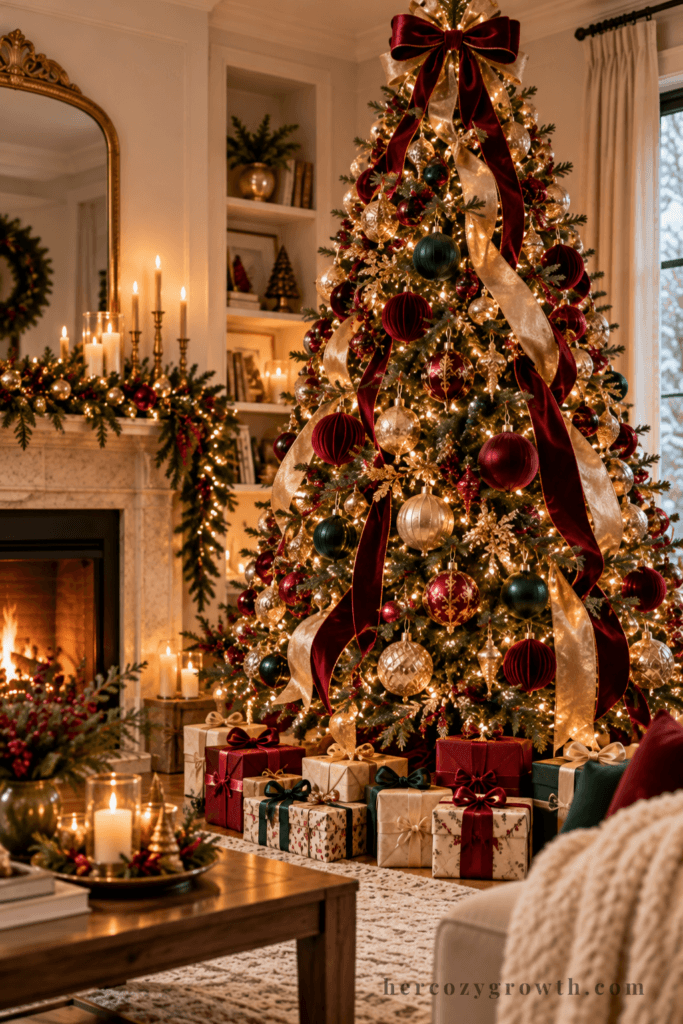 Beautiful christmas trees with ribbon cascades and jewel-tone ornaments