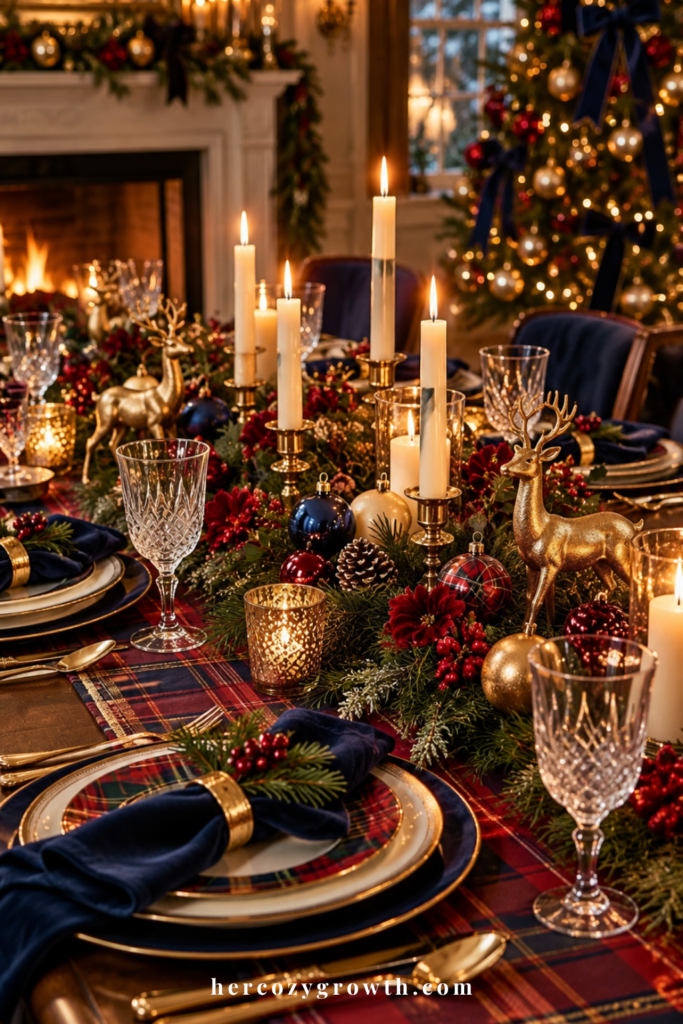 Ralph Lauren Christmas table setting with tartan and brass candlesticks