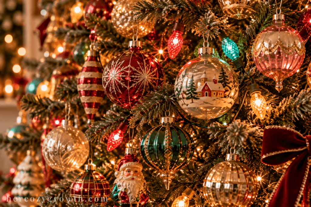 Vintage retro christmas tree ideas with colorful glass ornaments