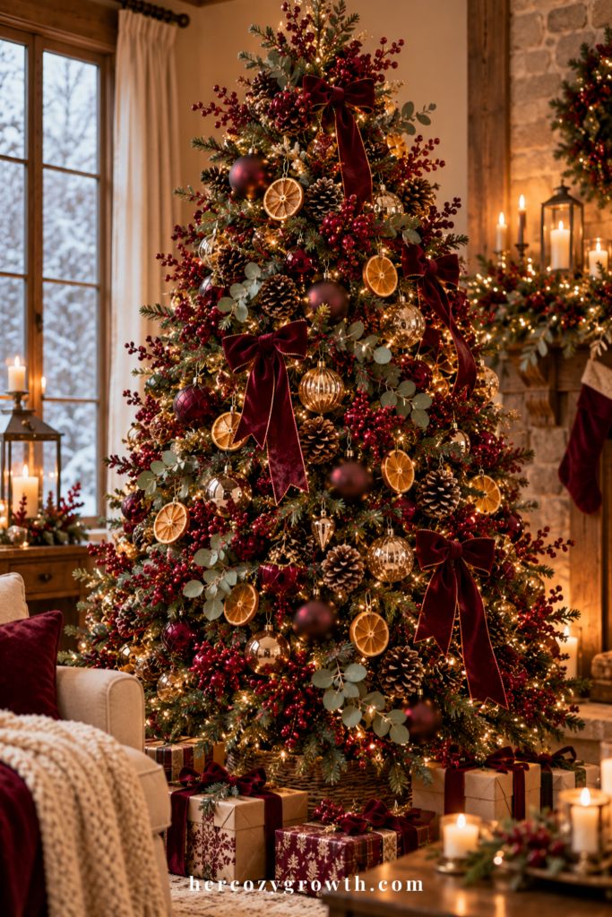 Rustic burgundy christmas tree ideas with berries and pinecones