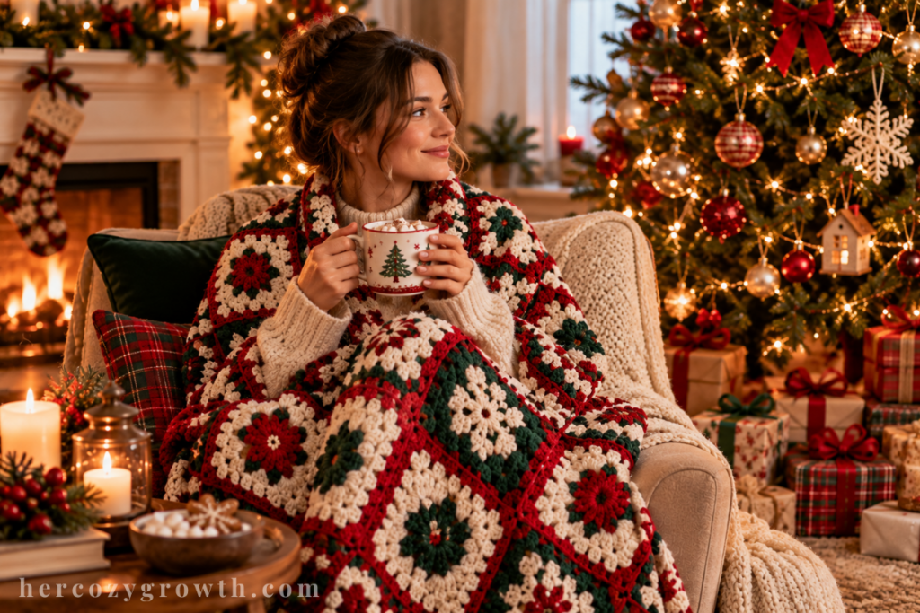 Woman wrapped in a christmas granny square crochet blanket