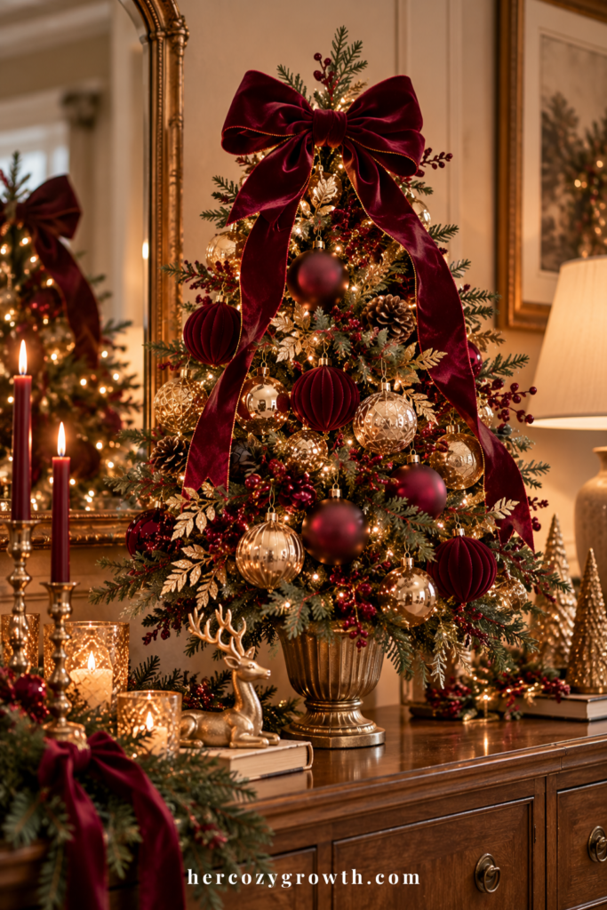 Velvet bow christmas tree with a burgundy bow topper