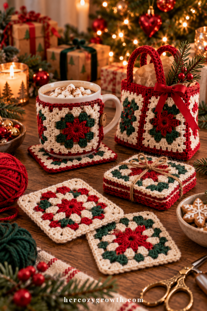 Christmas crochet gifts made from granny squares