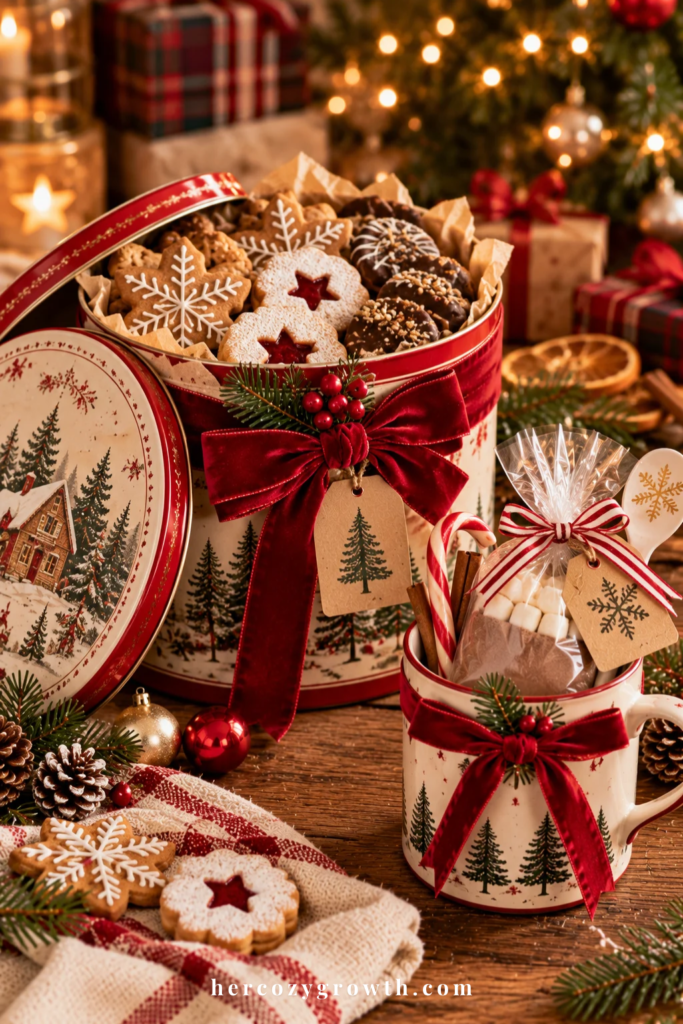 Christmas gift basket ideas using vintage tins and mugs