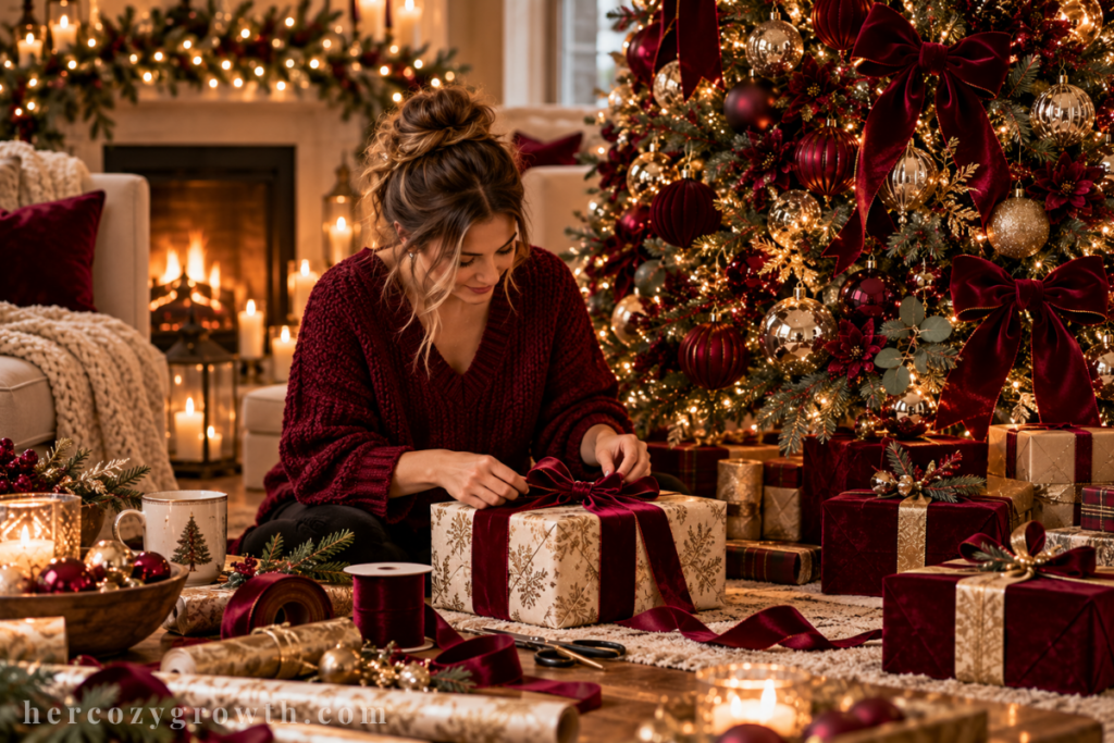 Woman wrapping gifts with burgundy ribbon next to a burgundy christmas tree